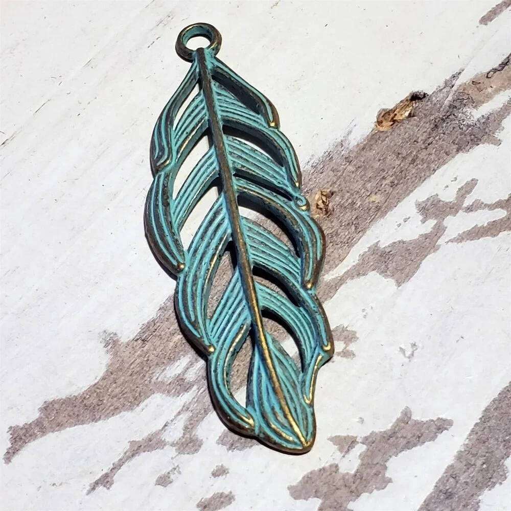 Antique Bronze Art Nouveau Verdigris Green Patina Carved Filigree Leaf Pendant